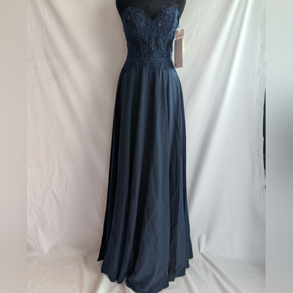 Sheer-Bodice Long PromGirl Sweetheart Blue Formal Maxi Dress Size 2 NWT - Picture 5 of 16